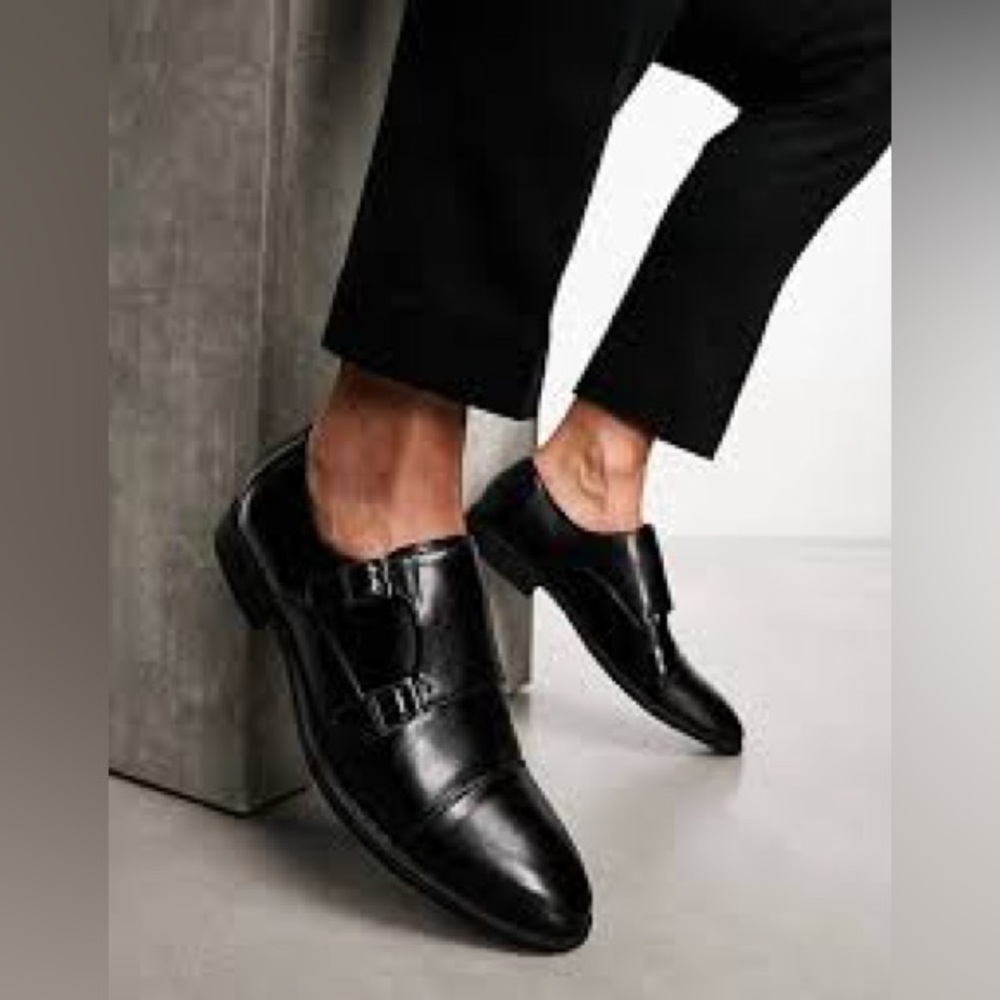 ASOS DESIGN monk shoes in black with suede leather emboss panel